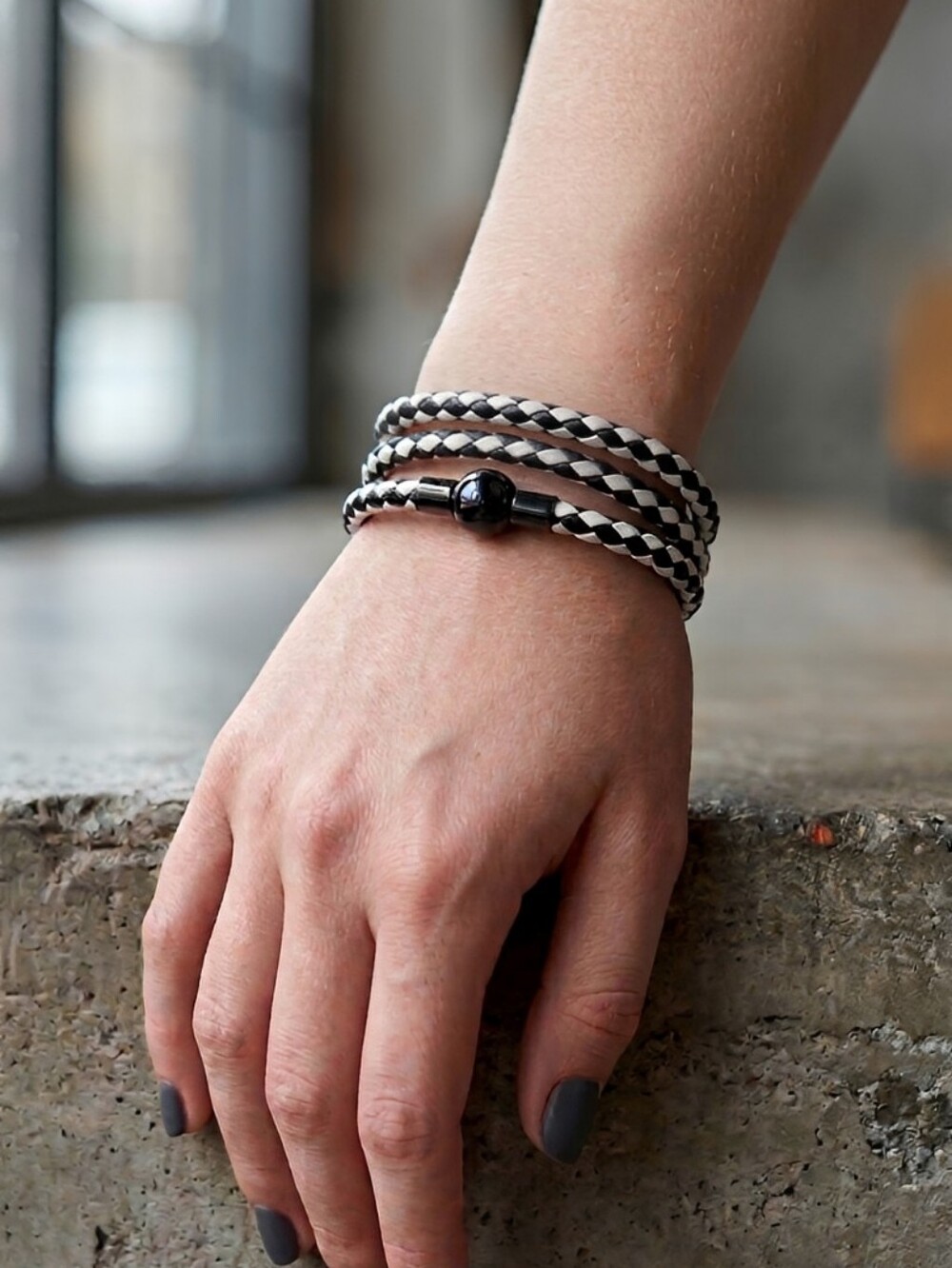 Linx Triple Wrap Black/White Leather Braided Bracelet with Black Magnetic Clasp